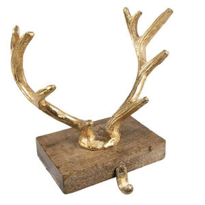 Fancy Design Gold Antler Christmas Stocking Holder With Wooden Base Aluminium Reindeer Hook Festive Fireplace Stocking Holder - Product Image 1