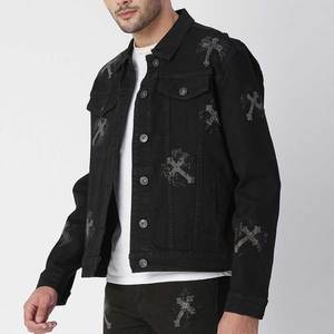 WATZY SPORTS Veste en jean noire pour homme, motif lettres, col rabattu, coupe droite, simple boutonnage, coton respirant, style urbain - Product Image 3