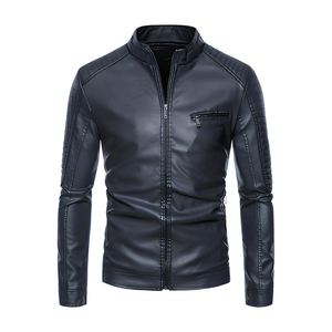 Men PU Leather Slim Fit Moto Biker <b>Jacket</b> Stand Collar <b>Zipper</b> Front <b>Pocket</b> Windproof Autumn Wear - Product Image 2