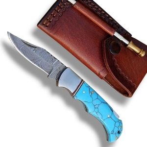Couteaux pliants Damas de qualité supérieure, couteaux de poche EDC portables avec étui en cuir pour la chasse, le camping, la randonnée, la survie en plein air - Product Image 4