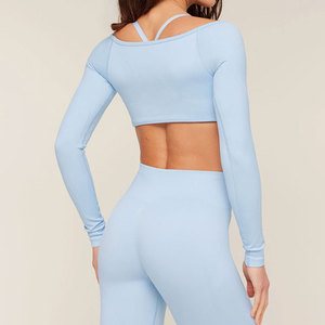 Camiseta Corta de Manga Larga para Mujer, Cuello Ancho, Transpirable, Diseño de Color Sólido, Material Personalizado, Compresión, Venta al por Mayor - Product Image 2