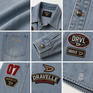 Cotton Denim Button Down <b>Bleached</b> Blue Grandprix Shacket With Racing Emblem Applique Unisex Hypebeast Apparel Bulk - Product Image 5