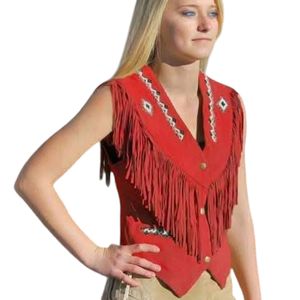 Muestra una chaqueta de gamuza roja escarlata con flecos, hecha por Marcus Jacket. - Product Image 1