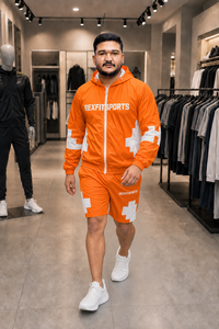 ชุดแจ็คเก็ตและกางเกงขาสั้นกันลมไนลอนสีส้มแบบกำหนดเอง REXFIT SPORTS 2026 แบรนด์ส่วนตัว เสื้อผ้าสตรีทแวร์ผู้ชาย ชุดกีฬา unisex ผ้าจีบ - Product Image 6