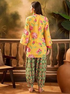 Women's Ethnic <b>Linen</b> Kurta Set Short Kurti with Comfortable Farshi Pants - Product Image 2