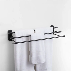 Porte-serviettes mural à double niveau en acier inoxydable, rangement minimaliste pour salle de bain avec crochets pour serviettes et accessoires - Product Image 5