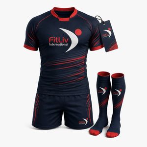 Conjunto de Uniforme de Rugby para Hombre FitLiv International, Jersey, Pantalones Cortos y Calcetines Sublimados en Rojo Marino, Ropa Deportiva Transpirable de Poliéster para Adultos - Product Image 1