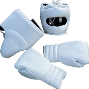 Professional White Boxing Protection Set Sparring <b>Training</b> Leather Headgear Gloves Groin Guard 3-Piece Boxing Set - Product Image 1
