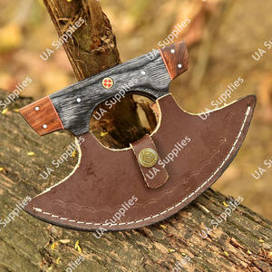 Couteau Ulu de haute qualité, lame en forme de croissant à motif Damas, manche en bois véritable, étui en cuir, couteau de cuisine pour hacher - Product Image 6