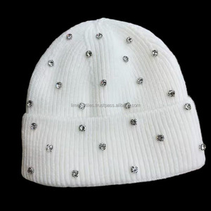 Wholesale Custom Winter Cuffed Knitted <b>Hats</b> Solid Color Unisex Luxury Rhinestones <b>Beanie</b> <b>Hats</b> 100% <b>Wool</b> - Product Image 6