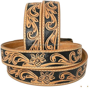 Luxury <b>Western</b> Leather Tooling <b>Belt</b> Hand Carved Cowboy Leaf Pattern with Heavy Floral Brass Buckle Custom Length tooled <b>belt</b> - Product Image 3