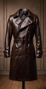 <b>Men</b> Genuine <b>Leather</b> Trench Coat Notched Lapel Double Breasted Knee Length With Belt Regular Fit - Product Image 3