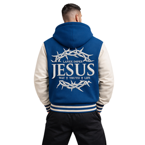Blouson universitaire à capuche pour homme, écologique, motif Couronne d'épines de Jésus, bleu et blanc, style baseball, avec lettrage chrétien sur le devant, streetwear - Product Image 6