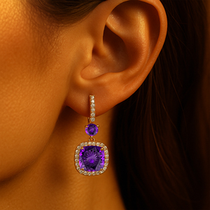 Luxury 18k Solid Gold Drop <b>Earrings</b> Natural Birthstone Purple <b>Amethyst</b> Gemstone and Real Diamonds <b>Earrings</b> For Wedding Gift - Product Image 2