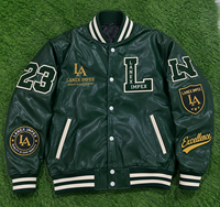 Blouson universitaire personnalisé vert d'hiver pour homme en cuir PU, style baseball, avec patch chenille brodé sur le devant, modèle bomber, OEM en gros