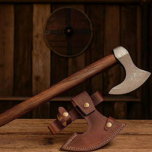 A&M ENTERPRISES Handmade Viking Long <b>Handle</b> <b>Axe</b> with Etched Steel Head Straight Wooden <b>Handle</b> and Matching Leather Sheath Knives - Product Image 1