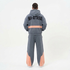 Conjunto de Sudadera con Capucha y Cremallera Gris Naranja para Hombre y Pantalones de Pierna Ancha con Paneles en Contraste y Detalles de Tachuelas, Chándal Estilo Urbano, Personalizado OEM ODM - Product Image 4