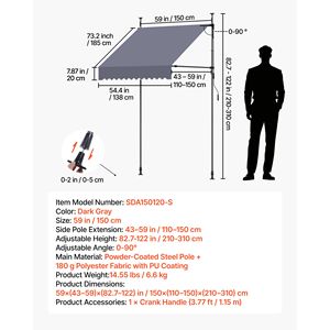 Tenda da Sole Retrattile Manuale per Patio, Altezza Regolabile 59'', Riparo Parasole per Porte e Finestre - Product Image 2