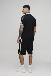 Men's Black Quarter-Zip T-Shirt <b>Set</b> With Contrast Trim Casual Summer Wear Cotton <b>Knitted</b> Breathable Shorts and Top custom logo - Product Image 4