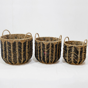 Handwoven <b>Seagrass</b> <b>Basket</b> Black and Natural Striped Storage Bin with Handles Round Woven Organizer for Home Decor - Product Image 1