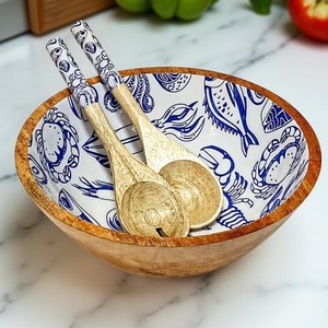 Juego de tazones para servir de madera de mango hechos a mano con cucharas a juego y estampado de esmalte curado - Océano - Product Image 4