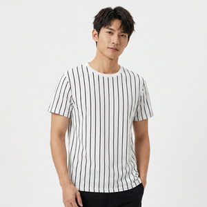 เสื้อยืดคอกลมแขนสั้นลายทางผ้าฝ้ายเจอร์ซีย์สำหรับผู้ชาย ทรงปกติ ระบายอากาศได้ดี ถักทอ สีขาวดำ - Product Image 6