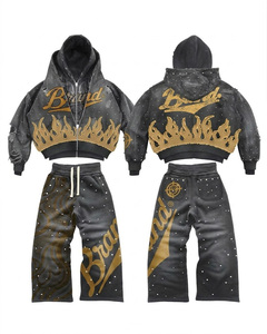 Conjunto de Sudadera con Capucha y Pantalones Deportivos de Doble Capa con Contraste, Estilo Urbano, Fabricación Personalizada Original, Bordado con Pedrería - Product Image 4