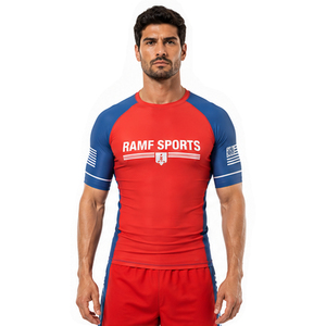 RAMF SPORTS Men's Red Blue Short Sleeve Rash Guard <b>Compression</b> <b>Shirt</b> Quick Dry Sublimation Print BJJ MMA Wrestling Top - Product Image 1
