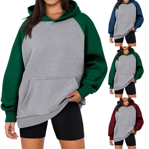 Sweat-shirt à capuche pour femme, color-block gris-vert, manches raglan, coupe oversize, en mélange de coton tricoté respirant, pour l'automne, style décontracté - Product Image 4