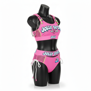 Ensemble de bikini pour femmes, 230 GSM, polyester et élasthanne, rose, avec bretelles à chaîne, design à panneaux, broderie, applique, logo personnalisé, bikinis pour femmes - Product Image 3