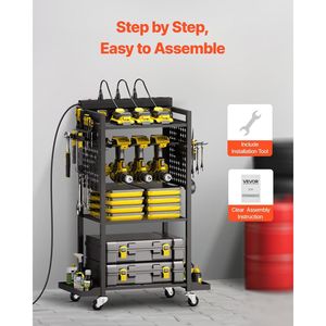 Carrello Portautensili a 4 Livelli con 8 Prese AC, Stazione di Ricarica, Supporto da Pavimento con Ruote per Trapani e Batterie - Product Image 6