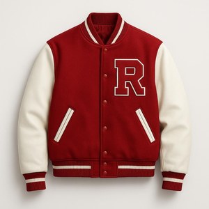 Veste universitaire rouge pour homme avec broderie de la lettre R blanche, col rabattu, fermeture à boutons, coupe classique, style preppy, vêtement d'automne - Product Image 1