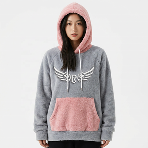 Sudadera con Capucha Unisex, Diseño Color Block, Felpa, Estilo Holgado, Informal de Invierno, Gris y Rosa, con Bolsillos - Product Image 6