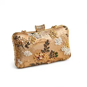 Floral Half Moon <b>Pearl</b> Beaded Casual <b>Clutch</b> <b>Bag</b> Women Handmade Evening Party Purse Gold Tone Embroidered Fashion Handbag - Product Image 1
