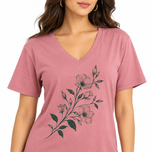 Camiseta con cuello en V para mujer, camiseta informal de manga corta con estampado floral rosa - Product Image 1