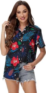 Tenue de vacances pour femmes, chemise hawaïenne à fleurs, chemisier Aloha boutonné pour l'été, la plage et les voyages - Product Image 2