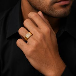 <b>Mens</b> 18KT yellow Gold Square Cluster Cubic Zirconia Signet <b>Ring</b> Openwork Side Design Polished Statement Wedding Party Gift - Product Image 5