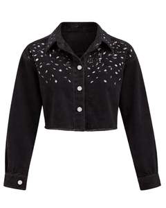 Veste en jean courte noire personnalisée pour femme avec col à strass et boutons, manches longues, style urbain, haut tendance - Product Image 1