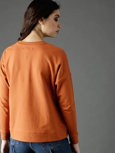 Sweat-shirt à col rond orange pour femme, 100% coton, tricoté, respirant, coupe classique, couleur unie, manches longues, automne - Product Image 1