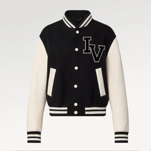 Unisex Varsity Jacket Black Cream Embroidered Letter Turn-down Collar Button Closure Preppy Style Autumn Wear - Product Image 1