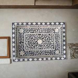 Handmade Bone Inlay Floral Tray: Boho Decorative <b>Table</b> Decor - Product Image 1
