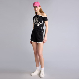 Spring Summer Women's Off Shoulder Short Sleeve Knitted <b>Crop</b> <b>Top</b> With Star Print Breathable Casual T-Shirt - Product Image 1