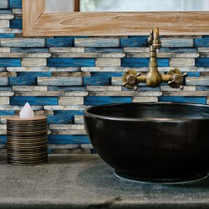 12 fogli carta da parati con venature di legno blu autoadesiva PVC Stick piastrelle Decorative per pareti bagno cucina facile mantenere olio - Product Image 4