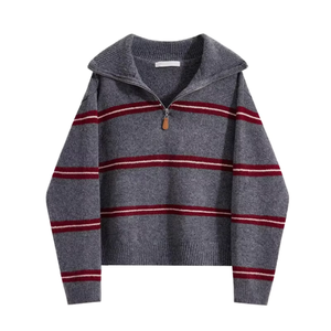 Women's Gray Striped Zipper Pullover Sweater Stand Collar Full Sleeve Casual Autumn Knitwear 100% Acrylic Anti-Pilling - Product Image 1