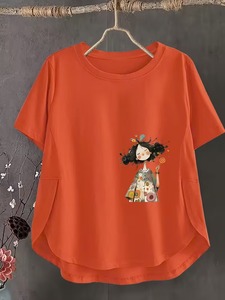 Wholesale High Quality T-<b>Shirt</b> <b>Orange</b> Short Sleeve T-<b>Shirt</b> With Cartoon Print O-Neck Loose Fit <b>Men</b> Casual Knitted Cotton Top - Product Image 1