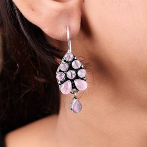 Boucles d'oreilles pendantes bohèmes ethniques tribales en laiton, quartz rose et œil de chat, plaqué argent antique, faites à la main, bijoux fantaisie pour femme - Product Image 2