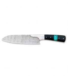 Couteau de cuisine fixe artisanal en acier Damas, outil de découpe utilitaire pour chef, manche en résine turquoise G10 noir - Product Image 5