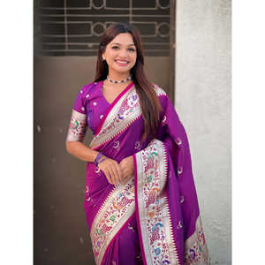 Sari de Seda Paithani Chandrakor Morado de Elite Weaves, Tejido con Hilo Banarasi Zari, 650g, Ropa India y Pakistaní - Product Image 5