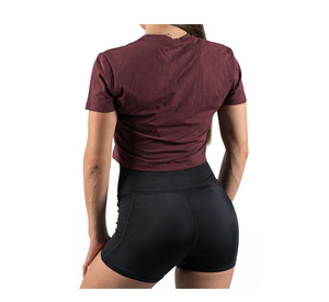 Women's <b>Maroon</b> Crop <b>Top</b> Short Sleeve Crew Neck Slim Fit Solid Color Casual T-Shirt Breathable Jersey Knitted Spring Summer Wear - Product Image 2