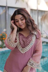Silk <b>Salwar</b> <b>Kameez</b> Set with Mirror Work Traditional Regular Fit Knee-Length Elegant Casual Wedding Wear India Pakistan Style - Product Image 4